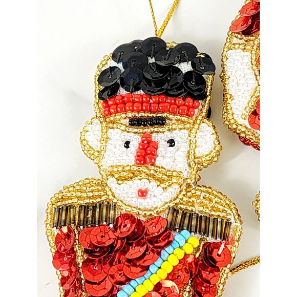 Christmas Ornament Sequins And Beaded Soldiers 4" Handmade 90's Two Sided x6 Vtg - Picture 9 of 13